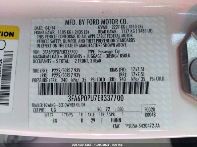3FA6P0PU7ER337700 Ford Fusion Energi Se Luxury