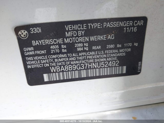 WBA8B9G37HNU52492 BMW 330I