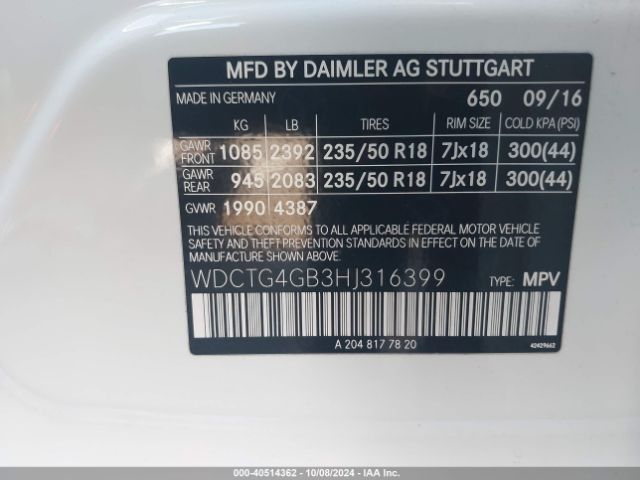 WDCTG4GB3HJ316399 Mercedes-Benz Gla 250 4matic