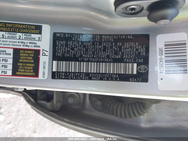 Toyota CAMRY SE 2015 4T1BF1FK0FU919645 Image 9