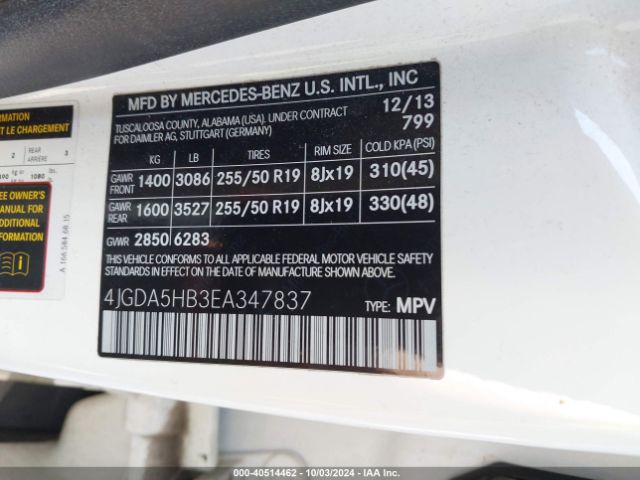 4JGDA5HB3EA347837 Mercedes-Benz Ml 350 4matic