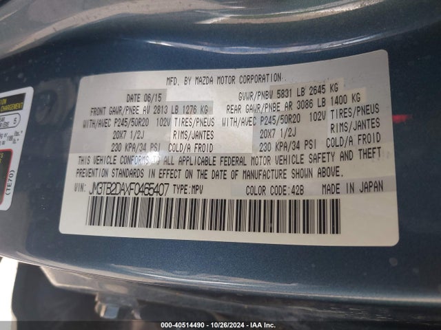 JM3TB2DAXF0465407 Mazda Cx-9 Grand Touring