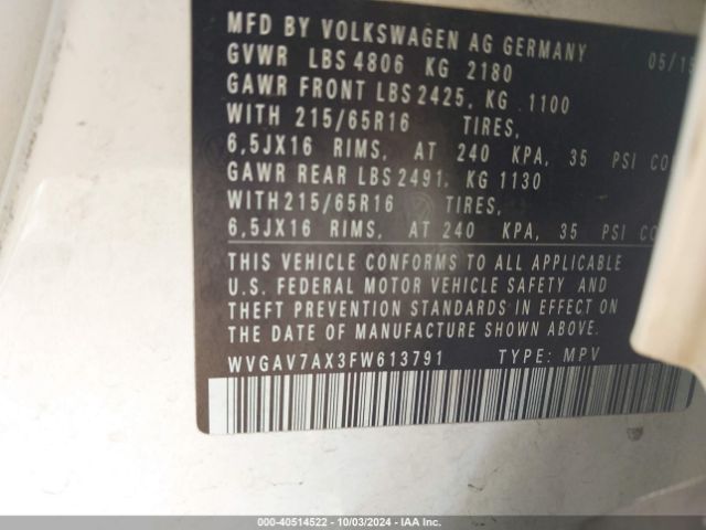 WVGAV7AX3FW613791 Volkswagen TIGUAN S