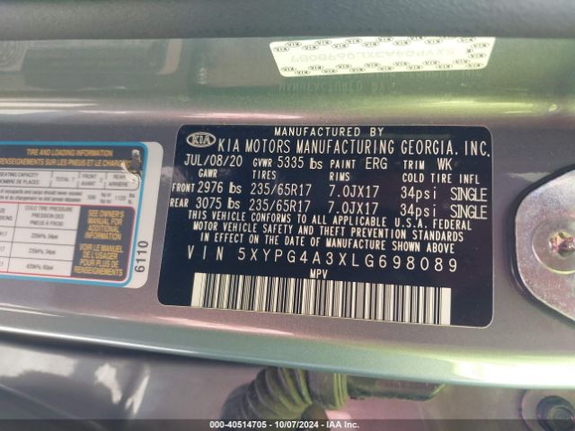 5XYPG4A3XLG698089 KIA Sorento 2.4l L