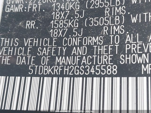 5TDBKRFH2GS345588 Toyota Highlander Le Plus V6