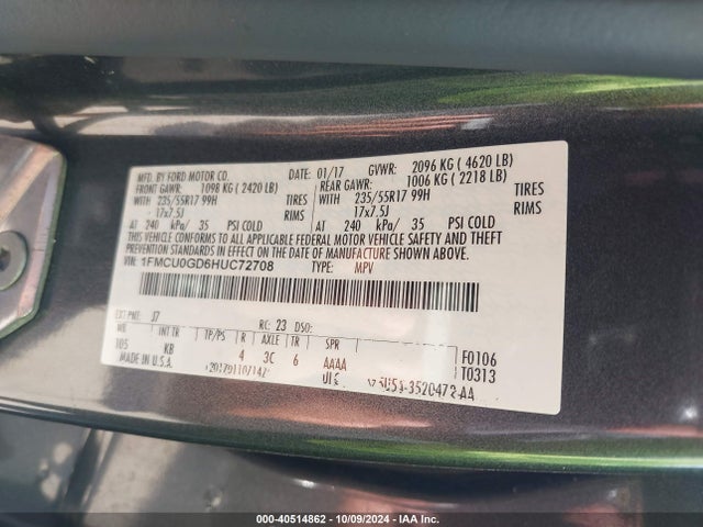 Ford ESCAPE SE 2017 1FMCU0GD6HUC72708 Image 9