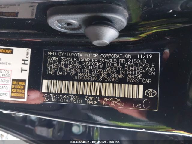 JTDKARFU9L3109385 Toyota Prius Le