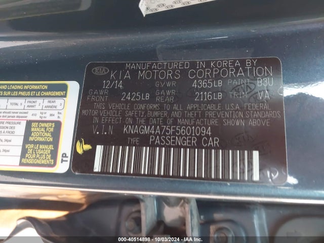 KIA Optima Lx 2015 KNAGM4A75F5601094 Image 9