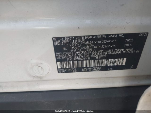 2T3G1RFV4NW301439 Toyota RAV4 LE