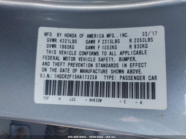 1HGCR2F15HA173258 Honda Accord Sport Se