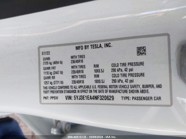 5YJ3E1EA4NF320629 Tesla Model 3 Rear-wheel Drive