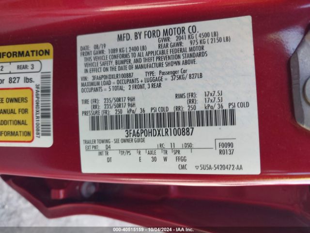 3FA6P0HDXLR100887 Ford FUSION SE