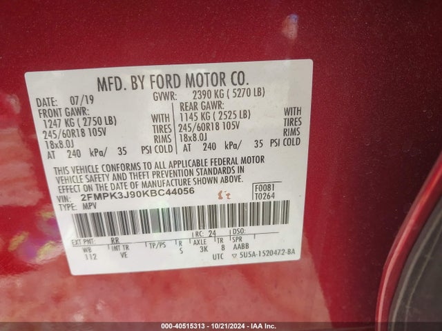 Ford EDGE SEL 2019 2FMPK3J90KBC44056 Image 9