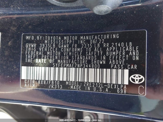 Toyota COROLLA LE 2022 5YFEPMAE7NP344800 Image 9