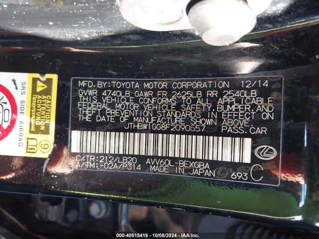 JTHBW1GG8F2090557 Lexus ES 300H