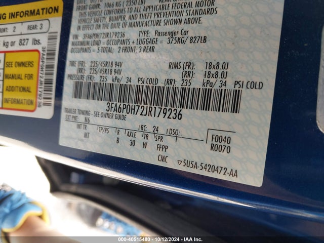 Ford FUSION SE 2018 3FA6P0H72JR179236 Image 9
