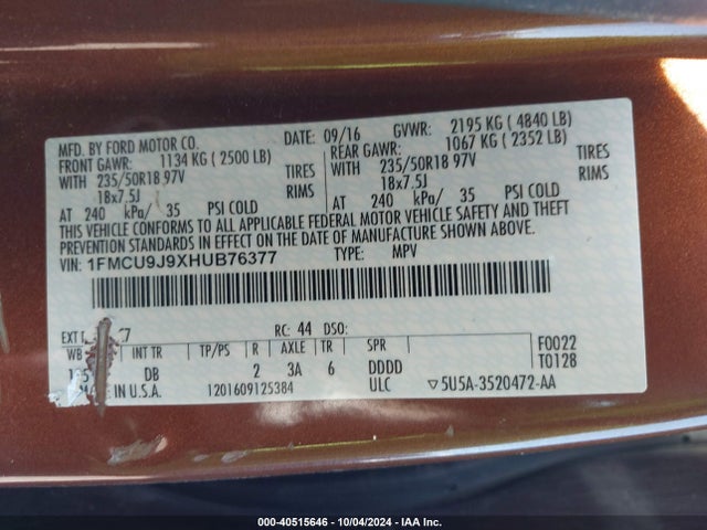 Ford Escape Titanium 2017 1FMCU9J9XHUB76377 Image 9