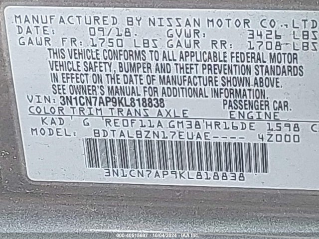 Nissan Versa 1.6 Sv 2019 3N1CN7AP9KL818838 Image 9