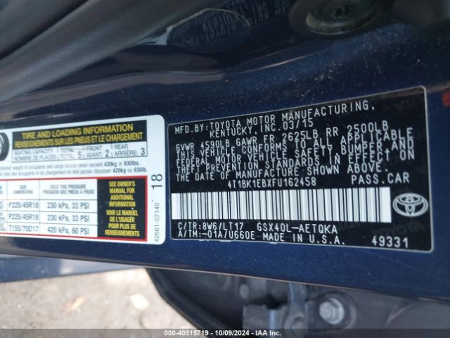 4T1BK1EBXFU162458 Toyota Avalon Xle Touring
