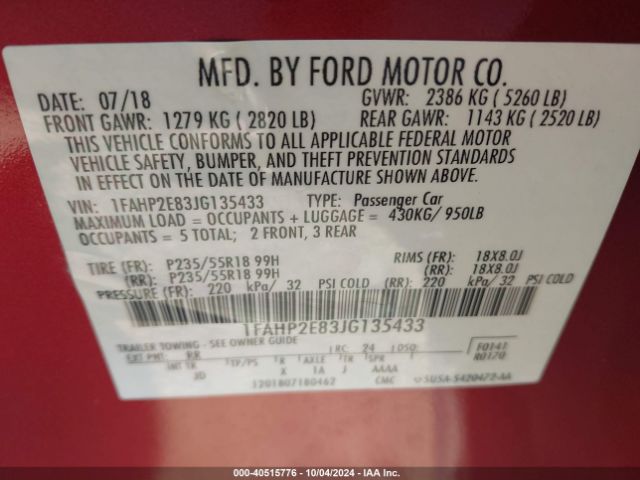1FAHP2E83JG135433 Ford TAURUS SEL