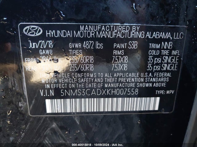 5NMS3CADXKH007558 Hyundai Santa Fe Sel Plus