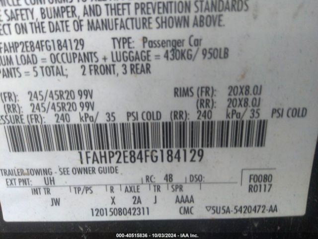 1FAHP2E84FG184129 Ford TAURUS SEL
