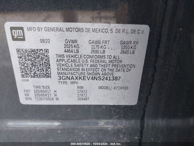 3GNAXKEV4NS241387 Chevrolet Equinox Fwd Lt