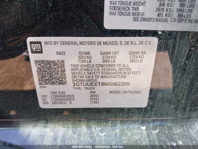 3GTUUEET8NG562205 GMC Sierra 1500 4wd  Short Box At4