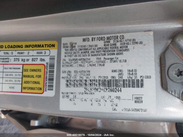 3FA6P0RU4KR260244 Ford Fusion Hybrid Titanium