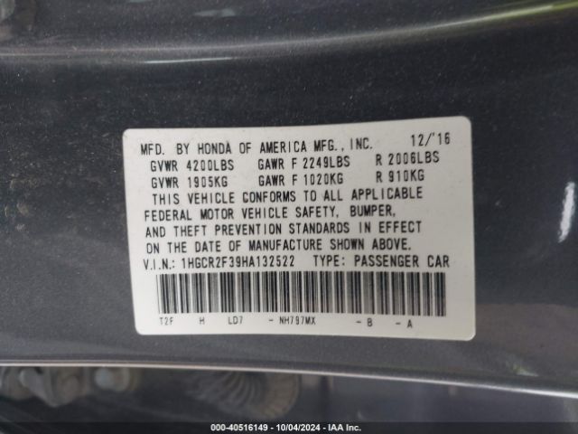1HGCR2F39HA132522 Honda ACCORD LX