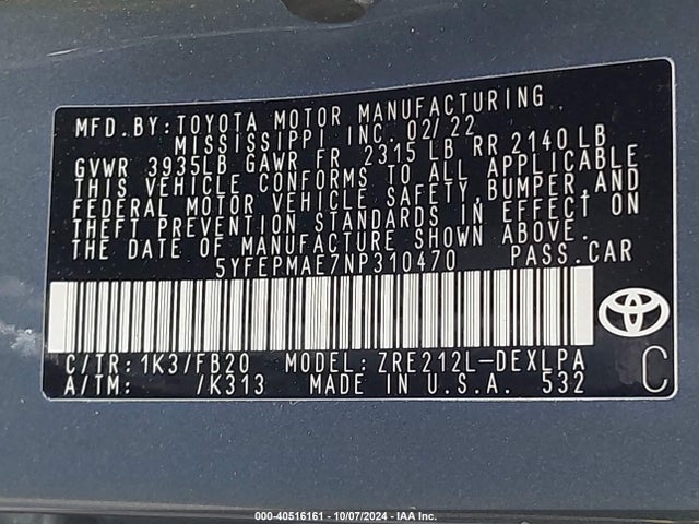 Toyota COROLLA LE 2022 5YFEPMAE7NP310470 Image 9