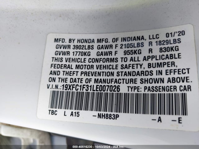 Honda CIVIC EX 2020 19XFC1F31LE007026 Image 9
