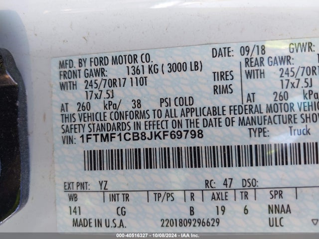 Ford F-150 Xl 2018 1FTMF1CB8JKF69798 Image 9
