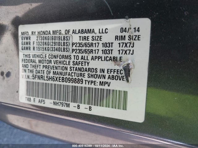 Honda Odyssey Ex-l 2014 5FNRL5H6XEB099889 Image 9