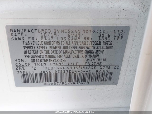 Nissan SENTRA SV 2019 3N1AB7AP1KY435429 Image 9