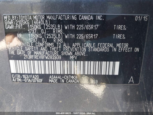 Toyota Rav4 Xle 2015 2T3RFREV8FW282939 Image 9