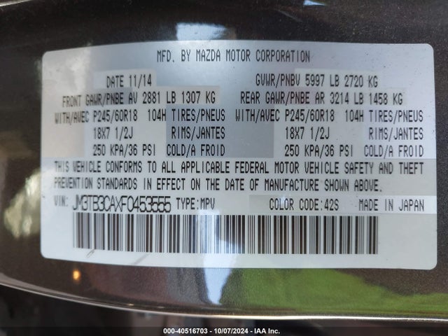 Mazda Cx-9 Touring 2015 JM3TB3CAXF0453555 Image 9