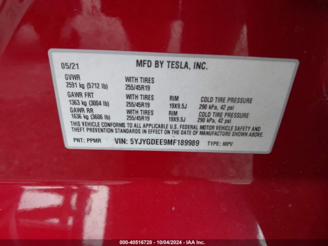 5YJYGDEE9MF189989 Tesla Model Y Long Range Dual Motor All-wheel Drive