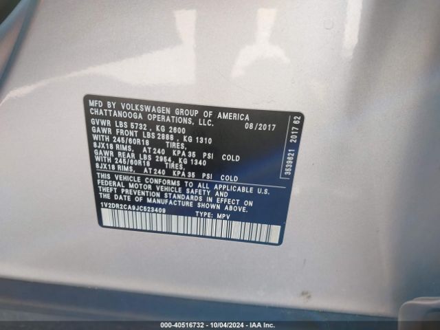 1V2DR2CA9JC523409 Volkswagen Atlas 3.6l V6 Se/3.6l V6 Se W/technology