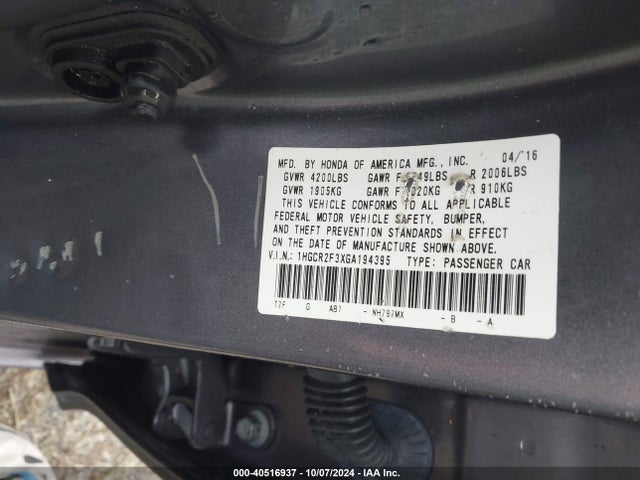40516937 :رقم المزاد ، 1HGCR2F3XGA194395 vin ، 2016 Honda Accord Lx مزاد بيع