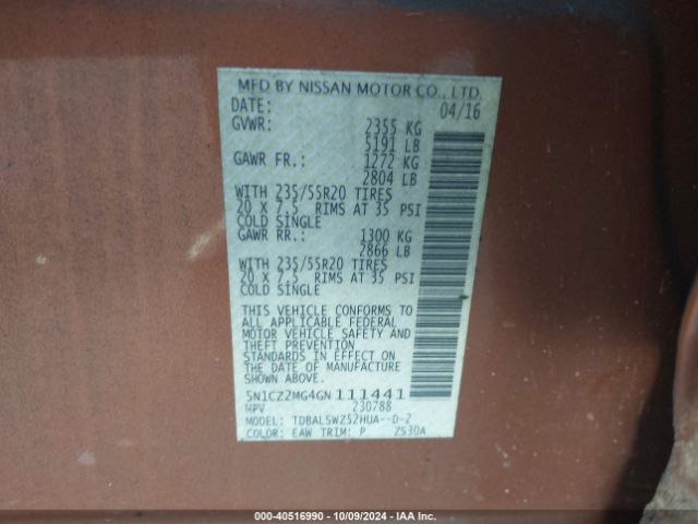 5N1CZ2MG4GN111441 Nissan Murano Hybrid Platinum