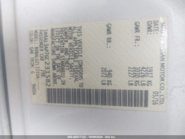 1N4AL3AP7GC231582 Nissan Altima 2.5/2.5 S/2.5 Sl/2.5 Sr/2.5 Sv