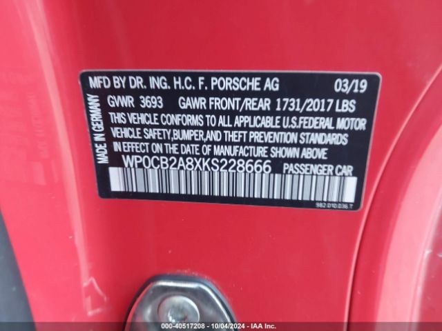 2019 PORSCHE 718 BOXSTER WP0CB2A8XKS228666 Photo 8