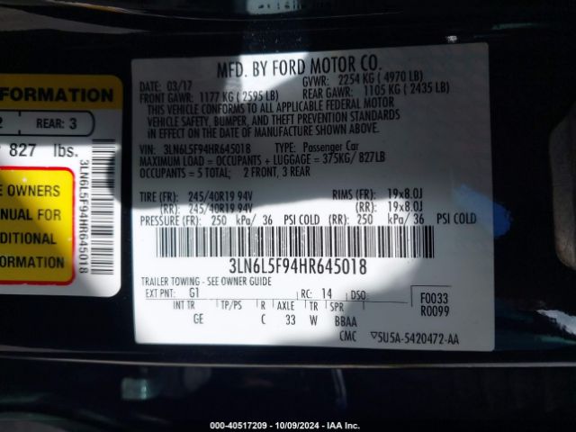 3LN6L5F94HR645018 Lincoln Mkz Reserve
