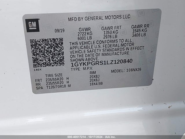 1GYKPGRS1LZ120840 Cadillac Xt6 Awd Sport
