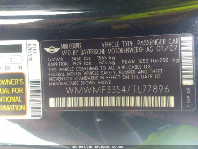 2007 MINI COOPER WMWMF33547TL77896 Photo 8
