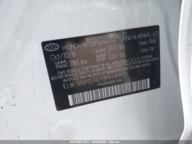 5NPD74LF8HH149923 Hyundai ELANTRA SE
