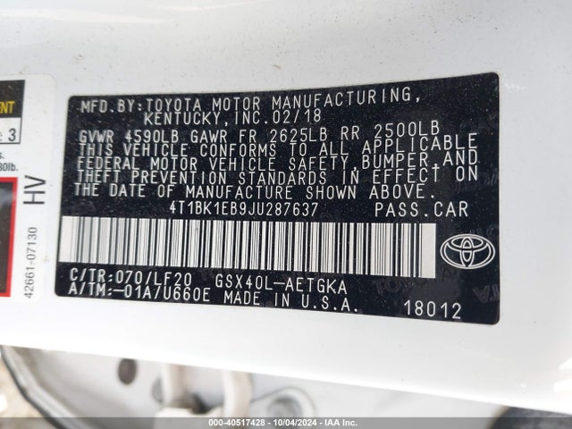 Toyota Avalon Xle Premium 2018 4T1BK1EB9JU287637 Image 9