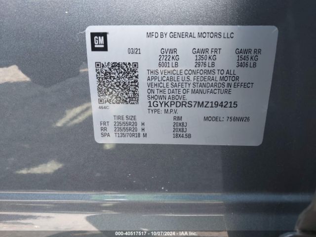 1GYKPDRS7MZ194215 Cadillac Xt6 Premium Luxury