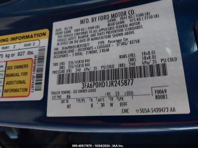 Ford FUSION SE 2018 3FA6P0HD1JR245877 Image 9
